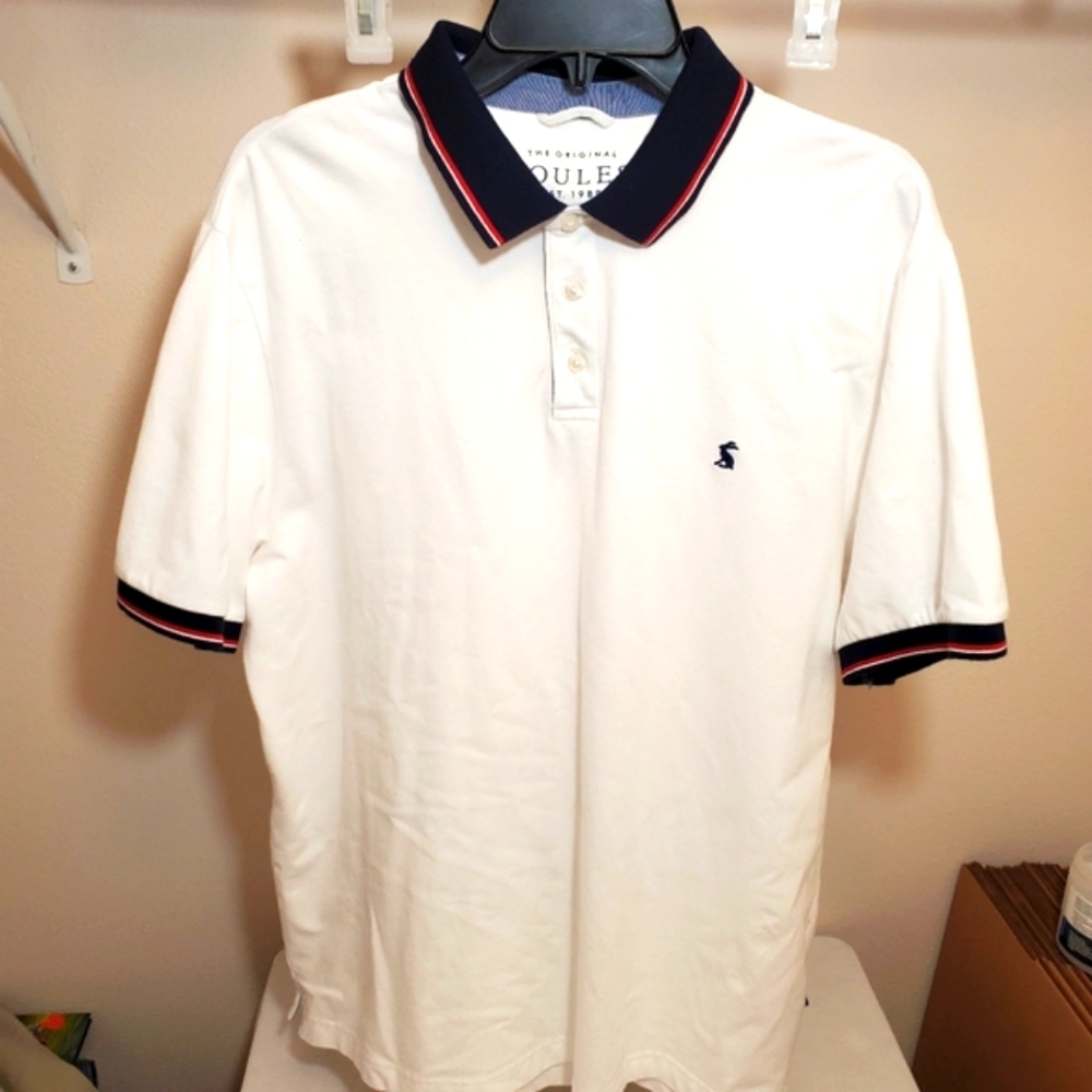 Joules Men’s Striped Short Sleeve Classic Fit Polo White Shirt Size Large